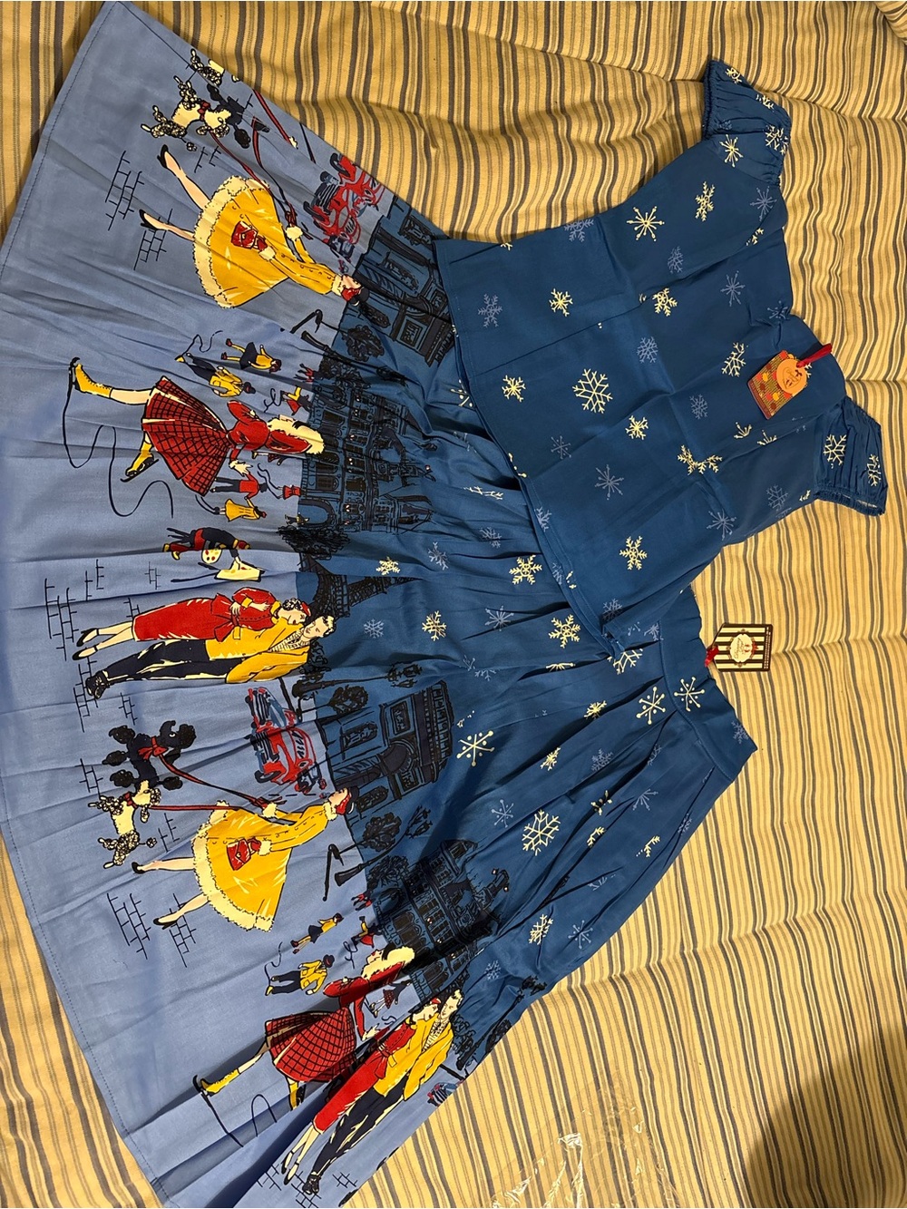 Romance Paris Blue Vintage Skirt Set with Holiday Scene Print